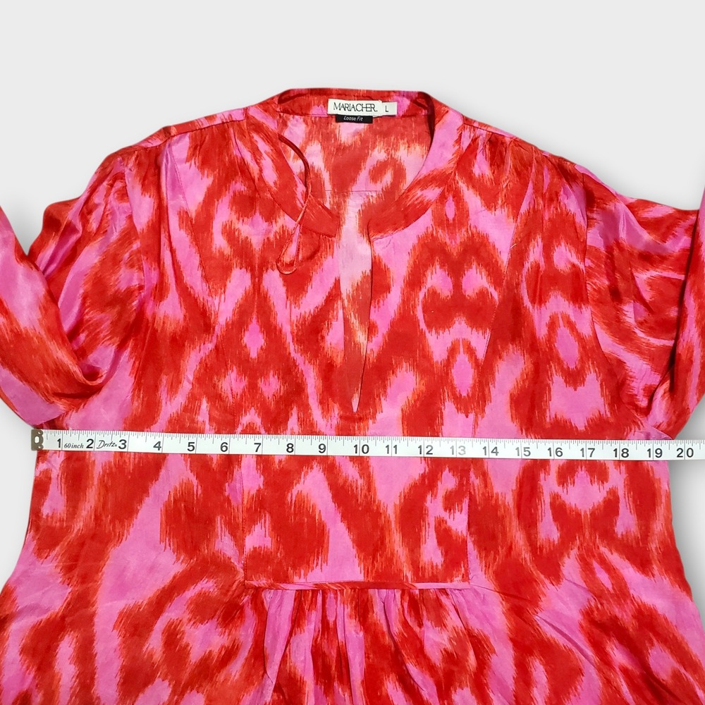 Maria Cher Loose Fit 100% Silk Blouse Pink Red Ikat Print Bishop Sleeve Large - Picture 8 of 11